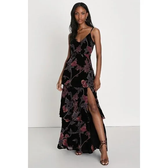 Lulus I Love You Amore Black Floral Velvet Tiered Maxi Dress - Size M - Picture 1 of 1